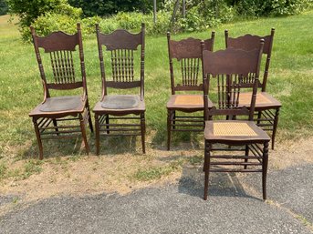 Five ca. 1890 pressed back chairs,