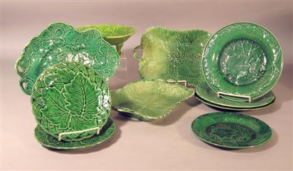 Group of green majolica tablewares