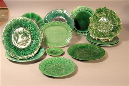 Group of green majolica tablewares