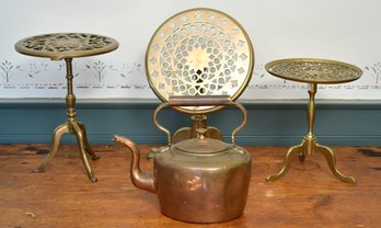 Three antique circular top brass