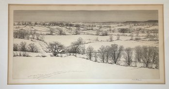 A vintage etching, winter landscape