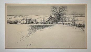 A vintage etching, country farmhouse