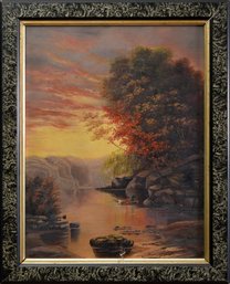 Antique oil on canvas lake landscape 306b20