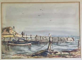 An antique watercolor, harbor scene