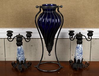 A large cobalt glass and wire centerpiece vase  306bde