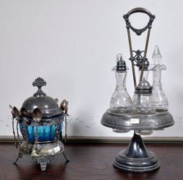 Two Victorian five bottle castor sets,