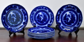 Nine antique Temple pattern flow blue