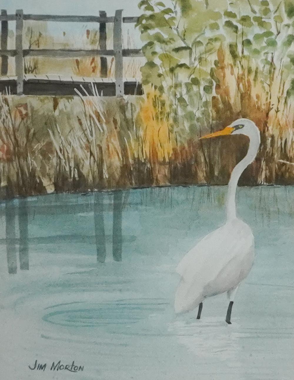 JIM MORTON, HERON IN POND, WATERCOLOR,