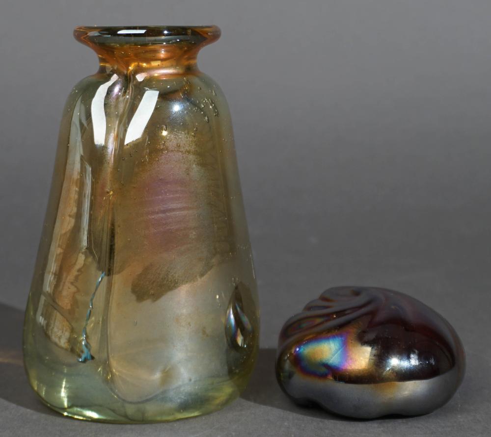 IRIDESCENT GLASS VASE AND PAPERWEIGHT  3096e3