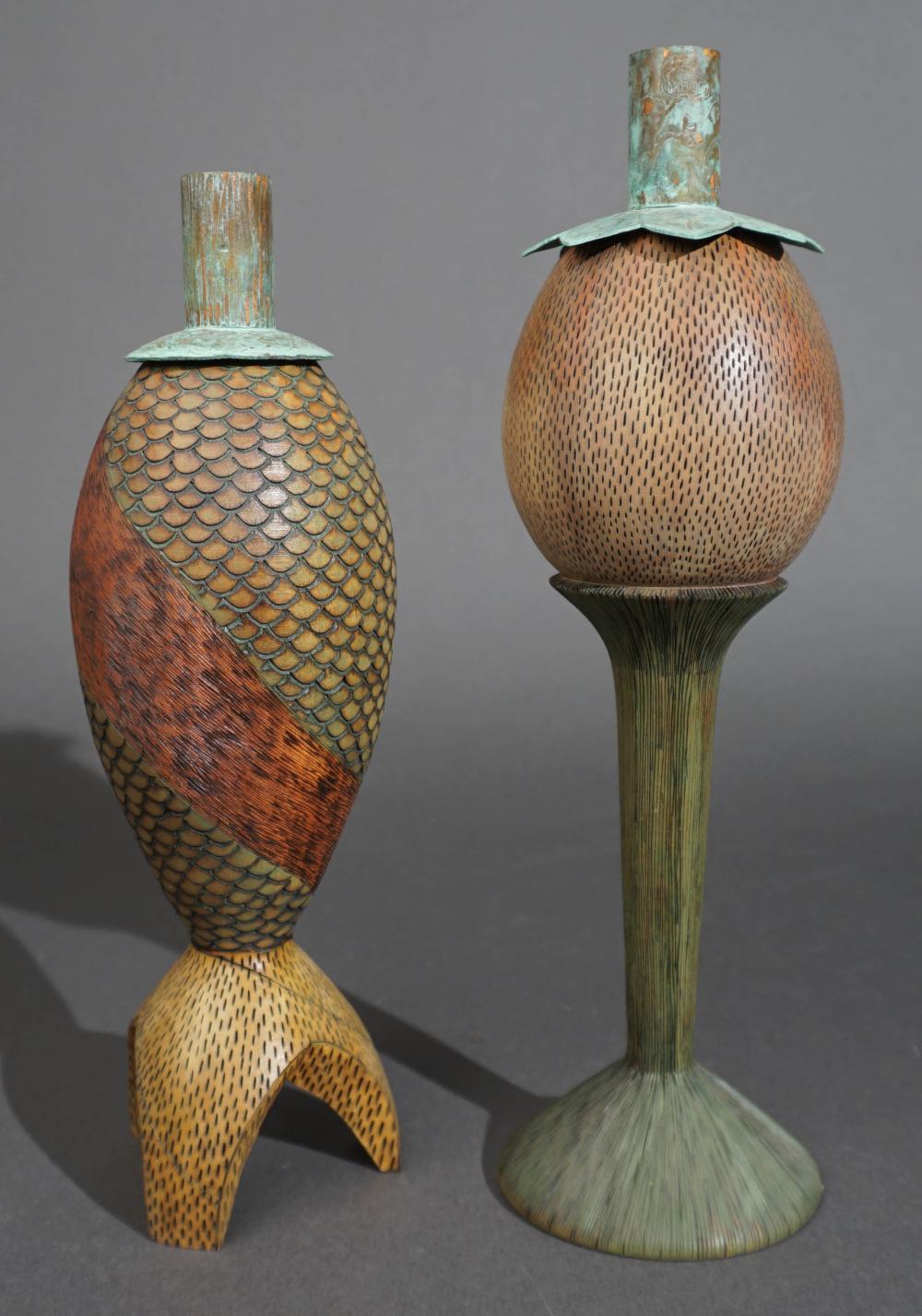 TWO MIXED MATERIAL CANDLESTICKS 309715