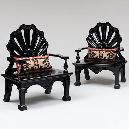PAIR OF LARGE BLACK LACQUER SHELLBACK