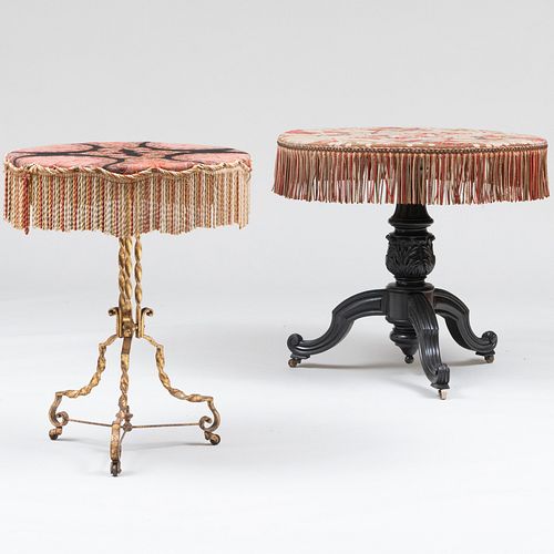 TWO VICTORIAN FABRIC COVERED TABLES