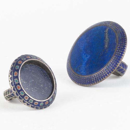 TWO INDIAN SILVER, ENAMEL AND LAPIS