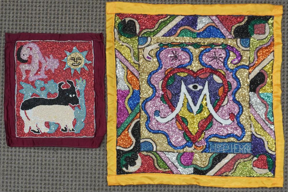 TWO HAITIAN FOLK ART BEADED EMBROIDERIES