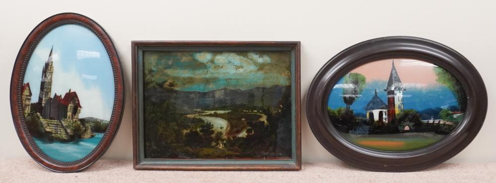 TWO REVERSE PAINTINGS ON GLASS