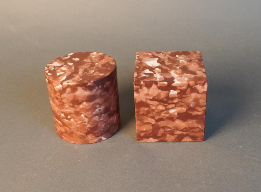 TWO RED MARBLE PLINTHS, H: 4 IN. (10.2