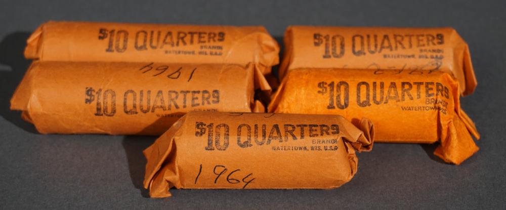 FIVE PARTIAL ROLLS OF SILVER QUARTERS,