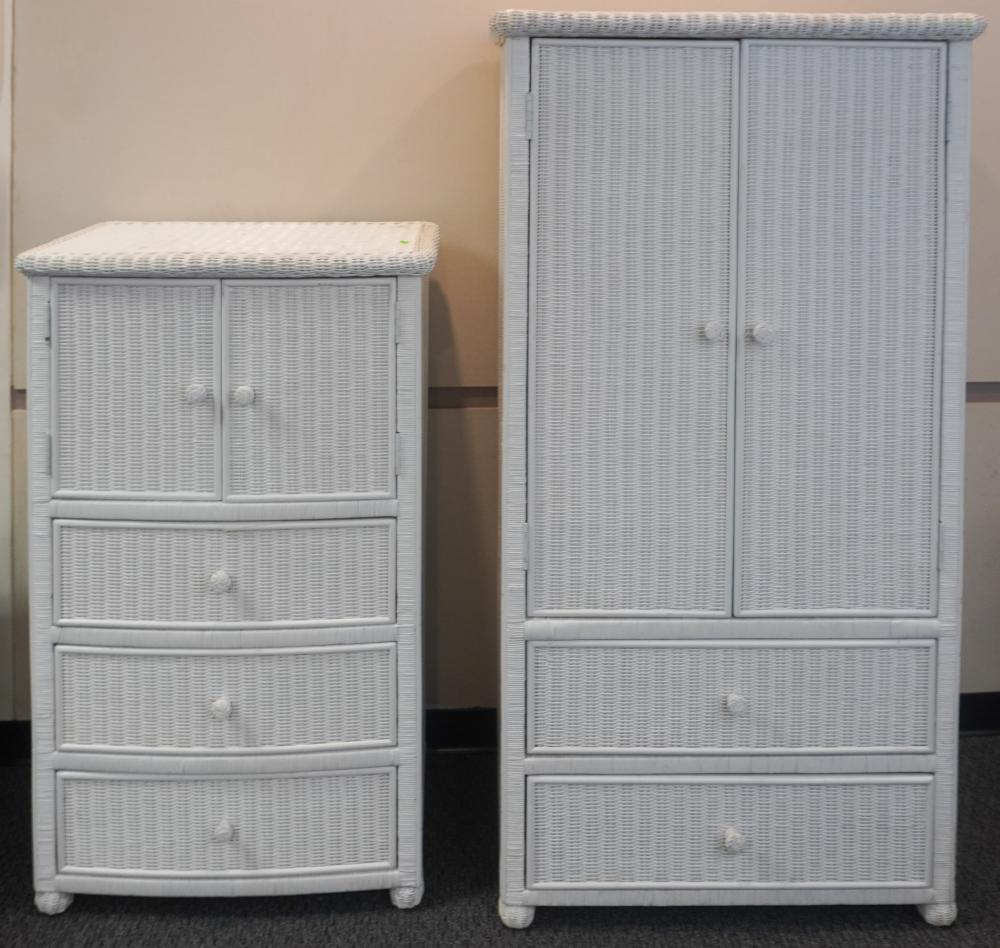 TWO WHITE WICKER ARMOIRE AND SIDE 309b1d