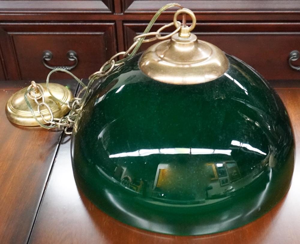 BRASS AND GREEN GLASS DOME HANGING