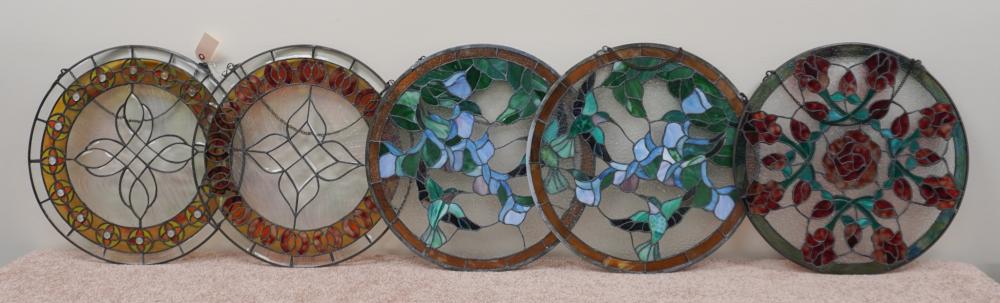 FIVE LEADED GLASS ROUND PANELS,
