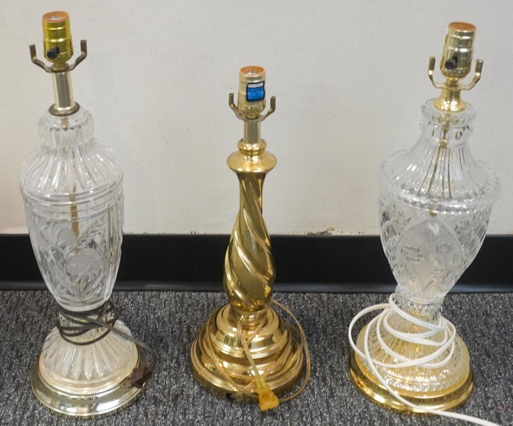 THREE CRYSTAL AND BRASS TABLE LAMPSThree