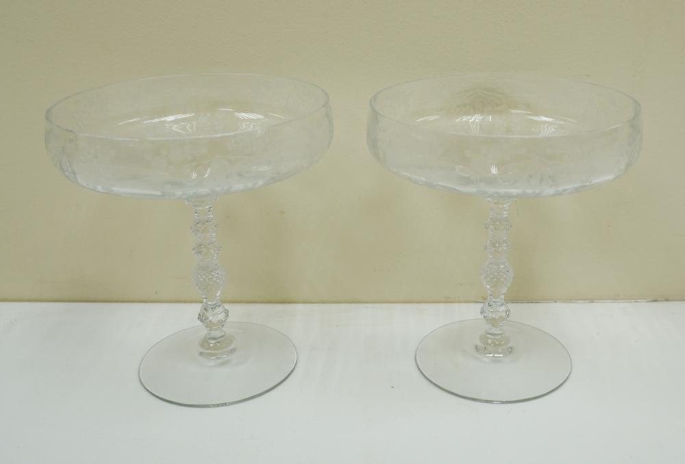 PAIR ETCHED CRYSTAL COMPOTES, H: