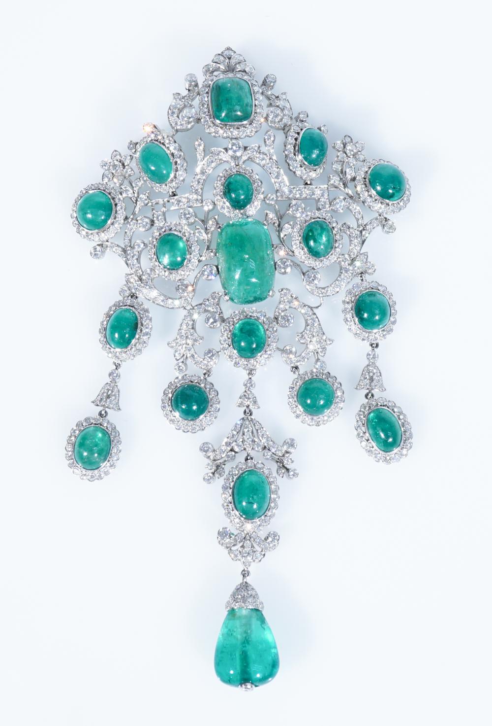 PLATINUM, EMERALD AND DIAMOND PENDANT-BROOCH