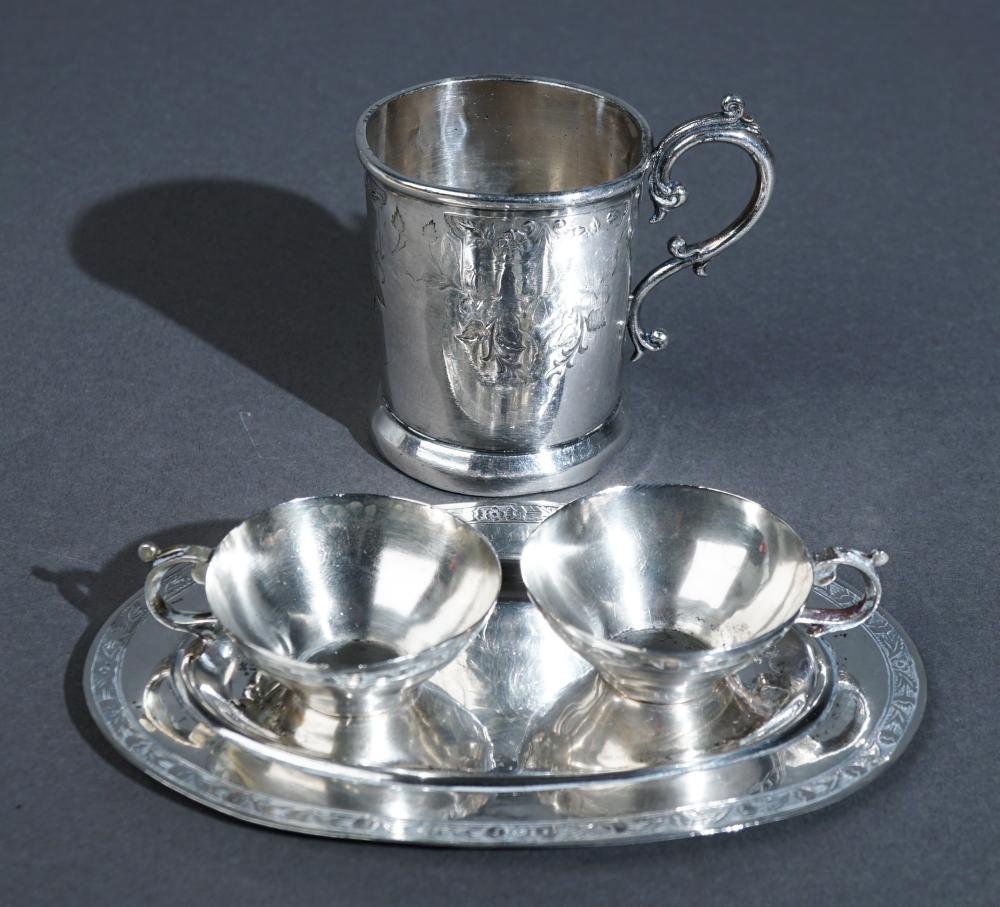 SILVER TRAY, TWO CUPS AND A SILVER