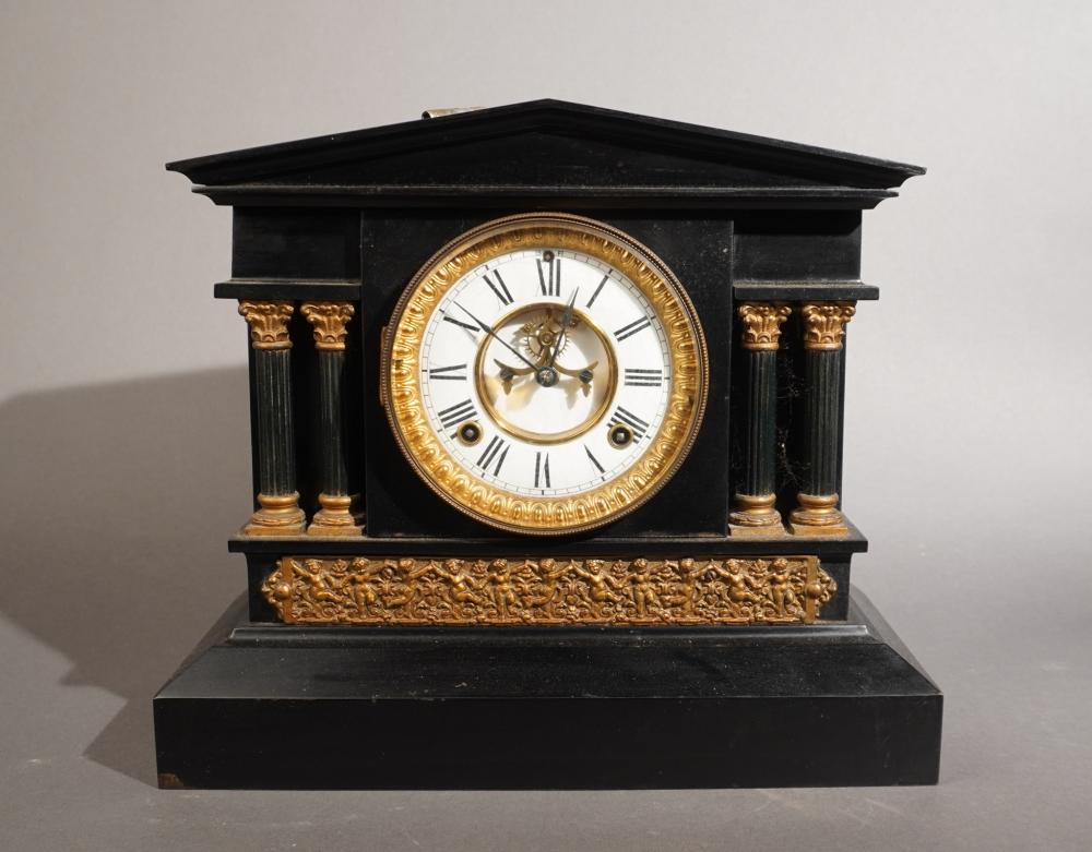 ANSONIA BLACK PAINTED METAL MANTLE CLOCK,