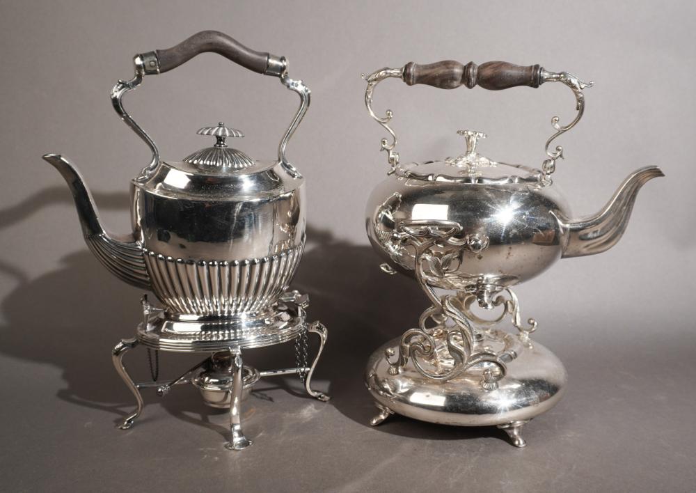TWO SILVERPLATE KETTLES ON STANDS,
