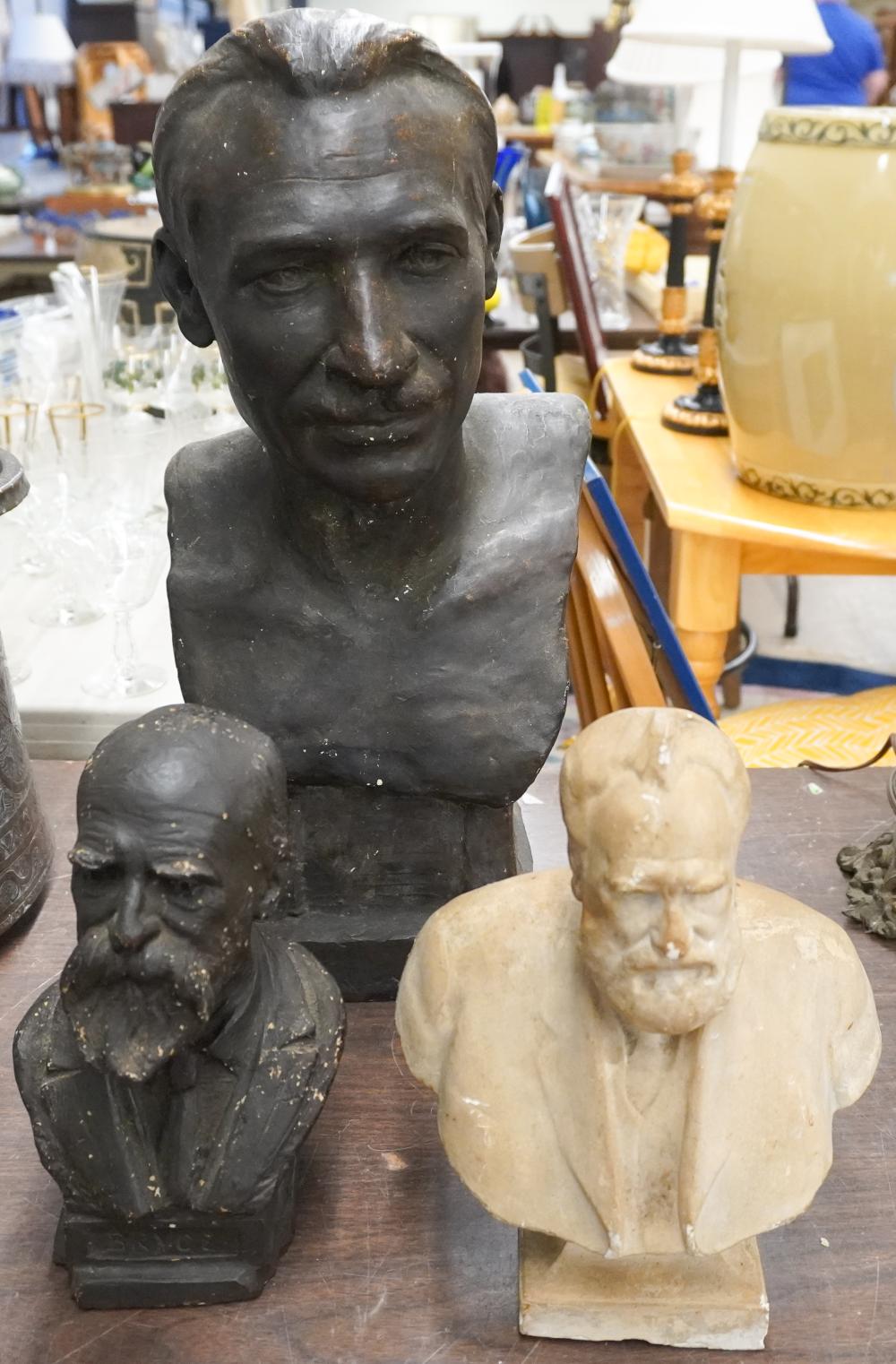 THREE PLASTER BUSTS OF MEN, H OF