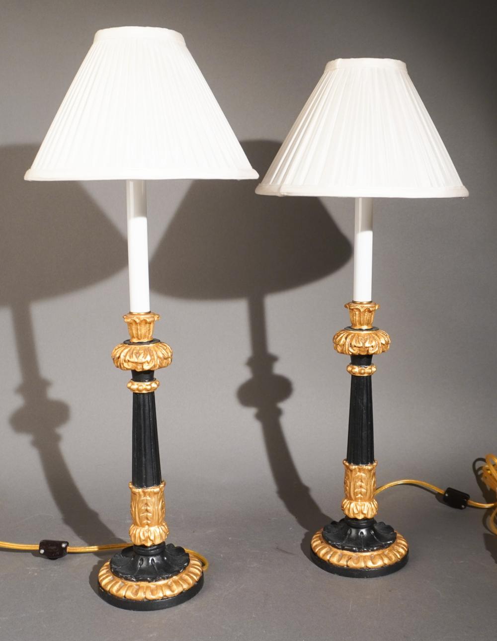 PAIR GILT AND BLACK ENAMEL CANDLESTICKS 309e4a