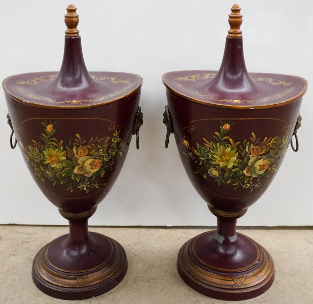 PAIR TOLE DECORATED MANTLE URNS  309ea1