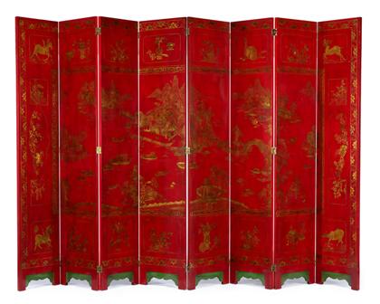 Red lacquer eight panel floor screen