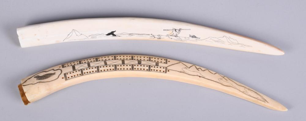 TWO ALASKAN ESKIMO ENGRAVED WALRUS TUSKS