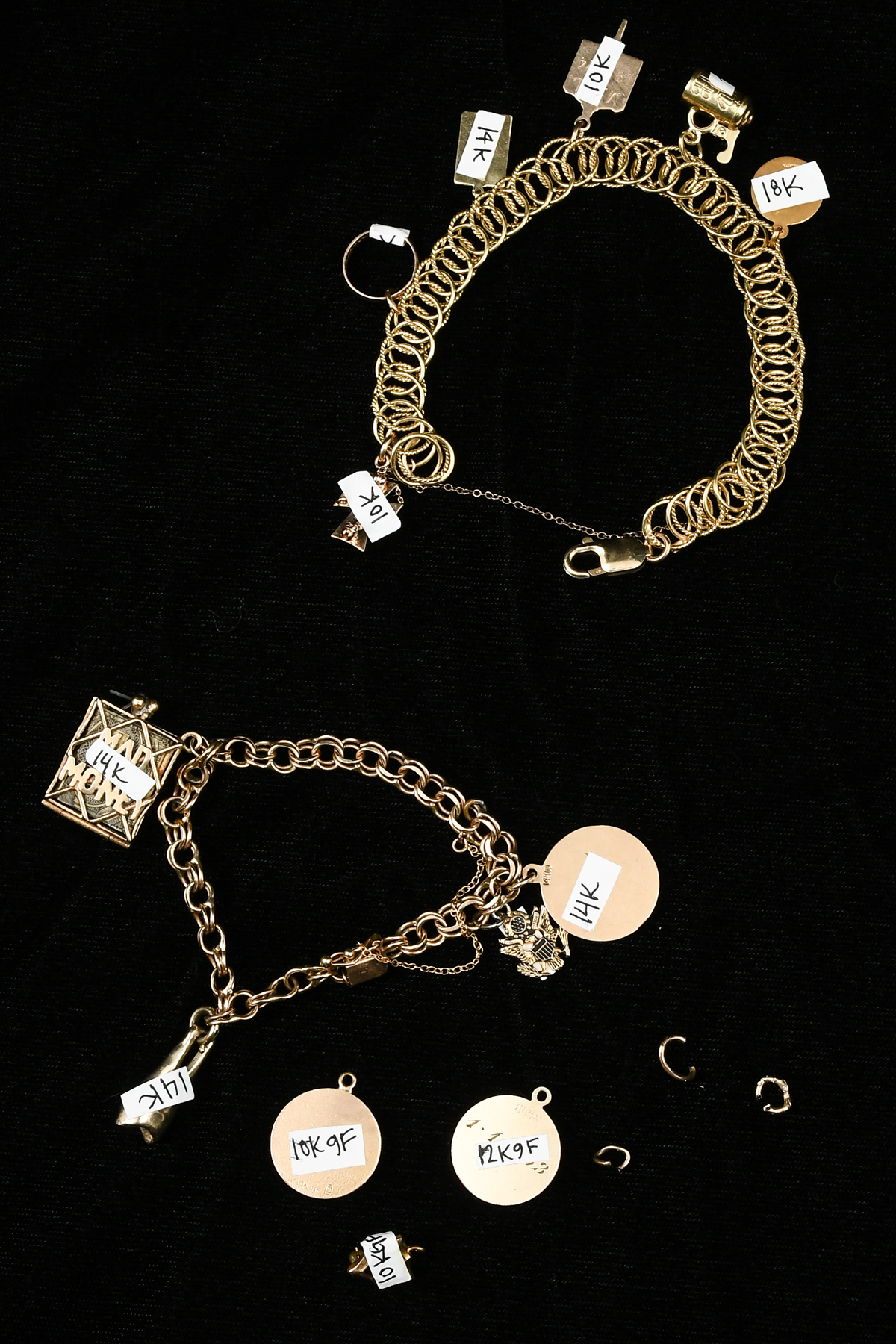 2 PIECE GOLD CHARM BRACELETS: 1)