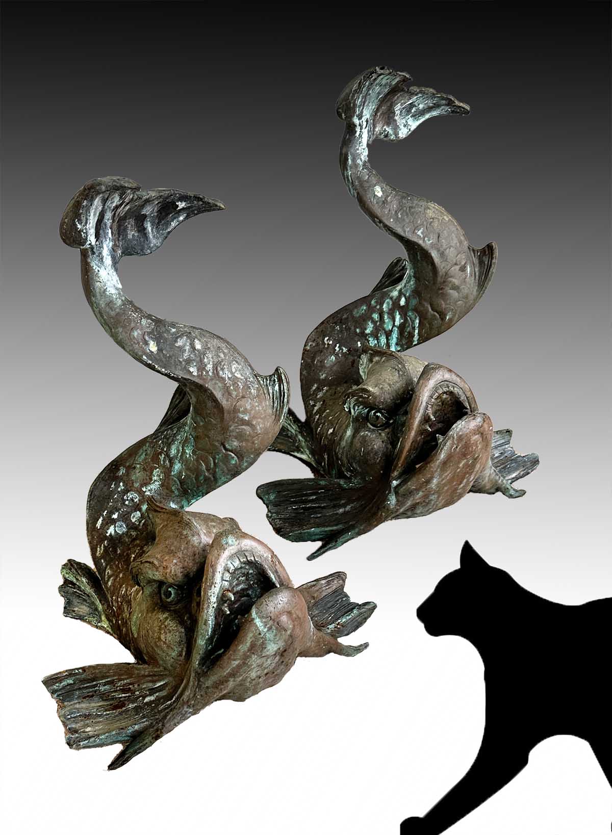 PAIR BRONZE NOUVEAU STYLIZED DOLPHIN 30a04f