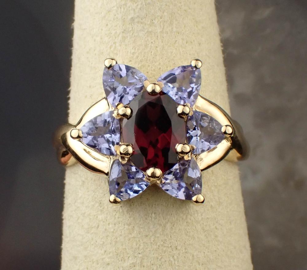 GARNET, TANZANITE AND YELLOW GOLD