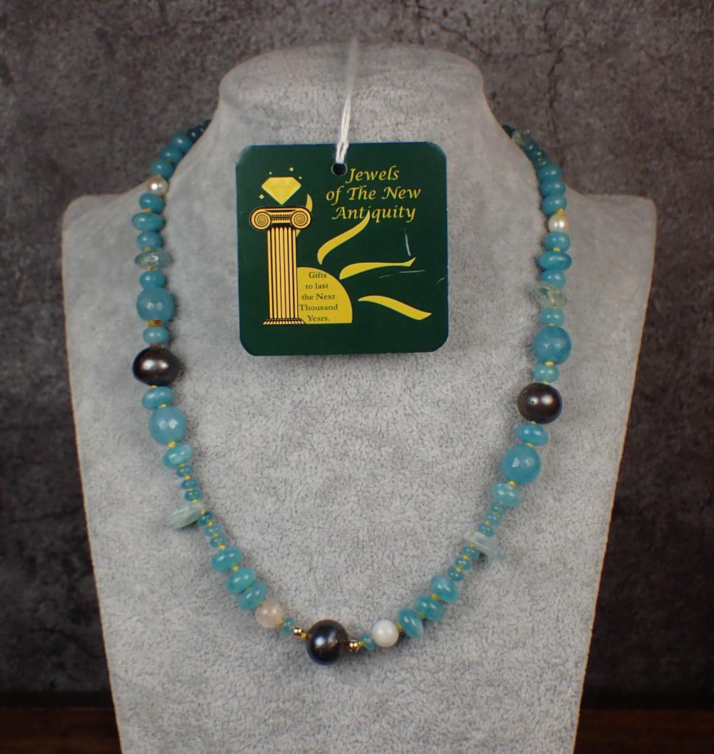 AQUAMARINE, PEARL AND LAPIS BEAD