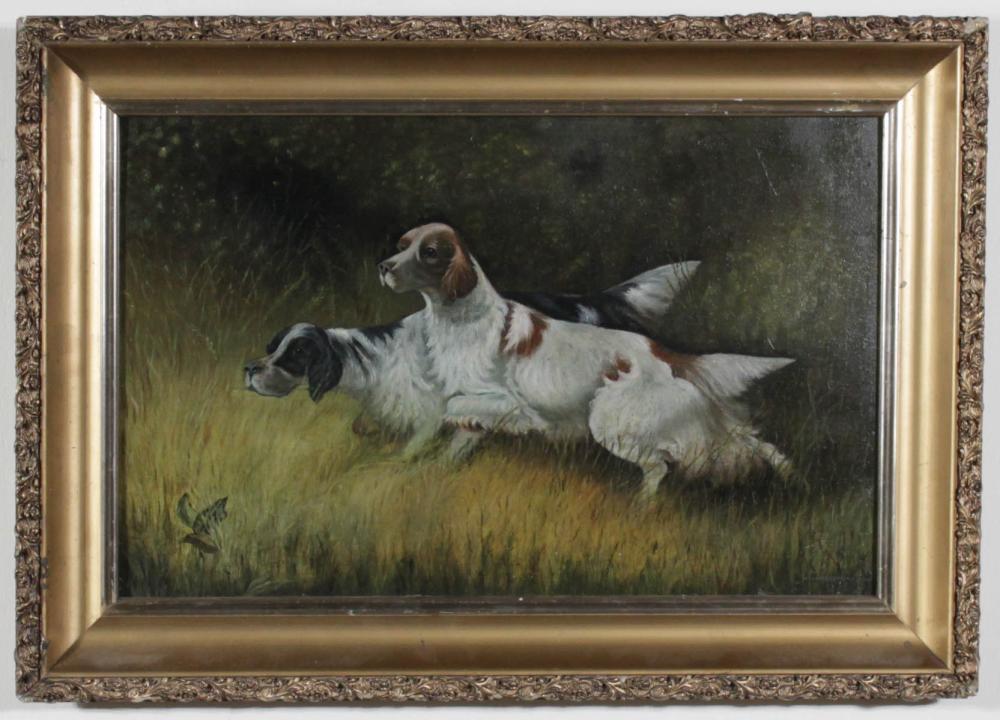 OIL ON BOARD TWO SPANIELS HUNTING 30a37a