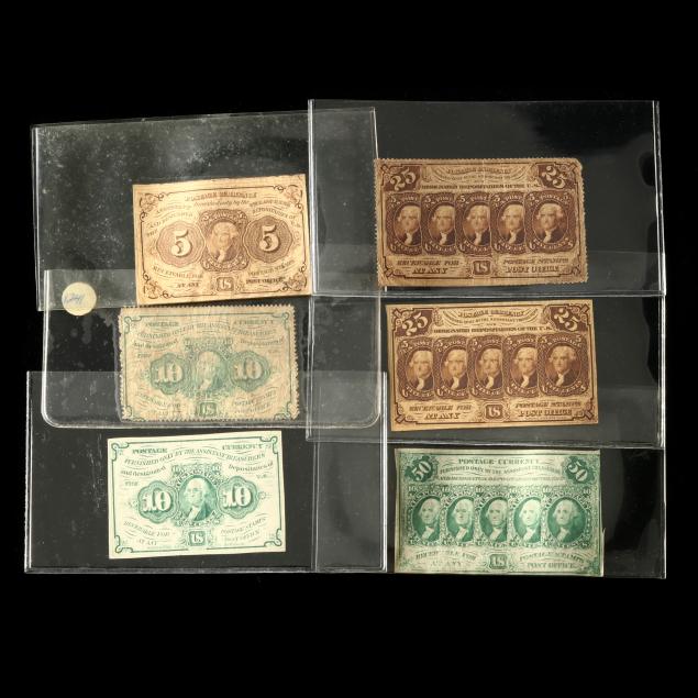 FIRST ISSUE POSTAGE CURRENCY, SIX