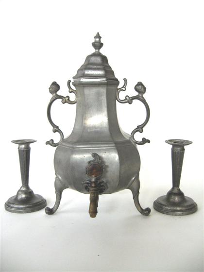 Pewter coffee urn and pair of pewter
