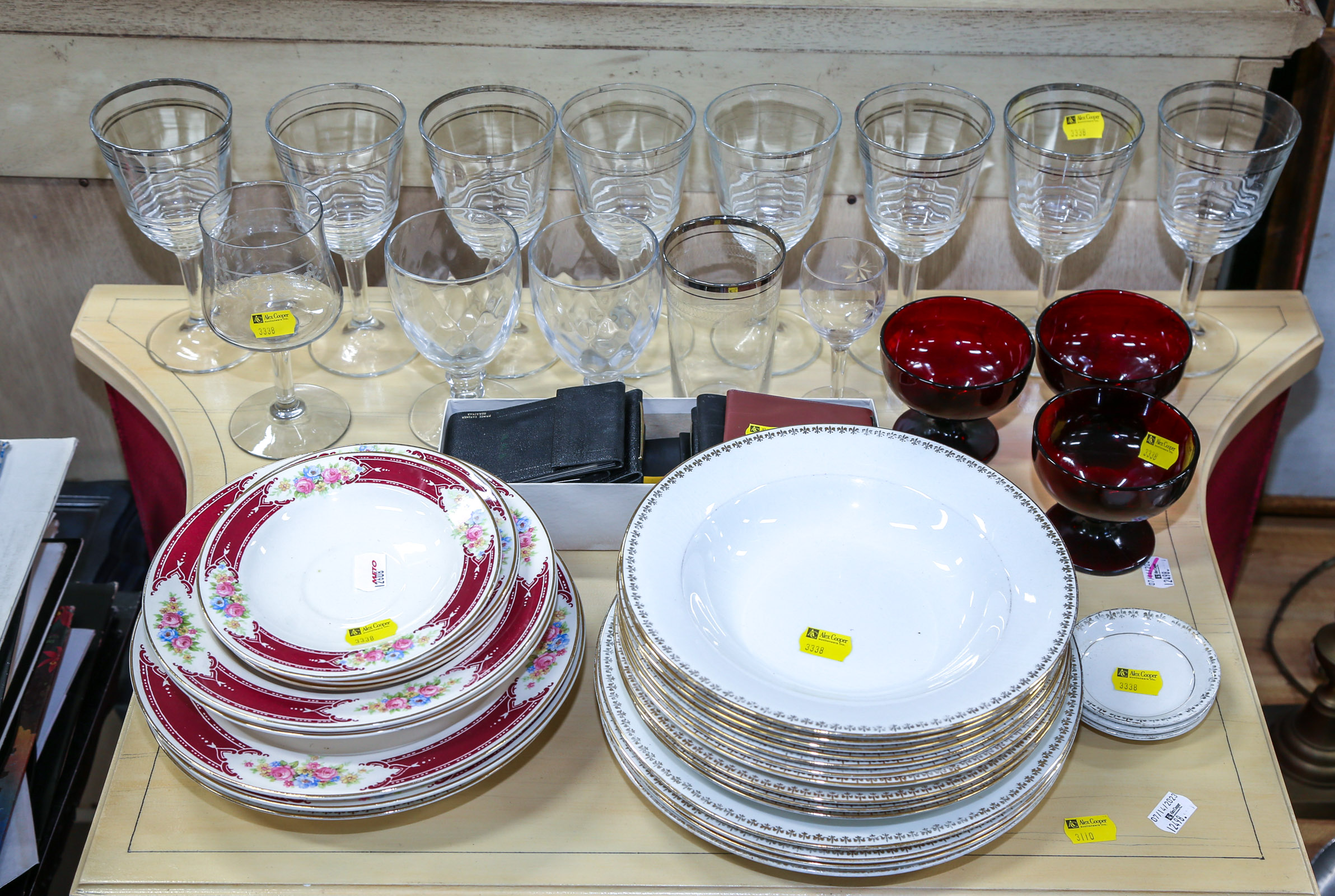 ASSORTED DISHES, GLASSWARE & CARD WALLETS