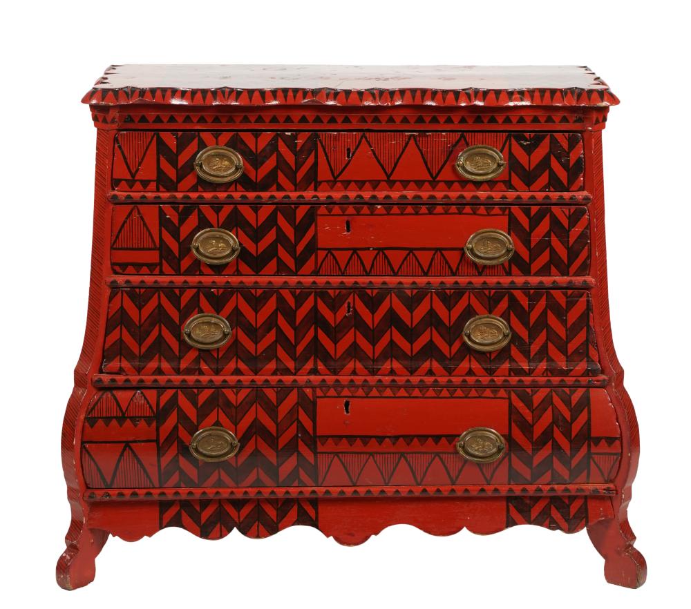 RED AND BLACK PAINTED FOUR-DRAWER