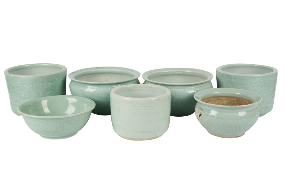 GROUP OF SEVEN CHINESE CELADON-GLAZED