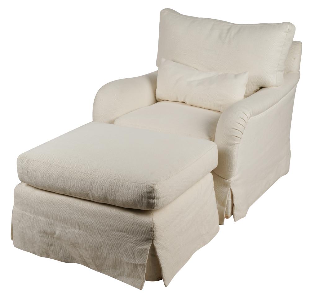 WHITE UPHOLSTERED CLUB CHAIR AND