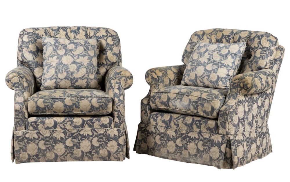 PAIR OF BLUE AND WHITE SWIVEL ARMCHAIRSPair
