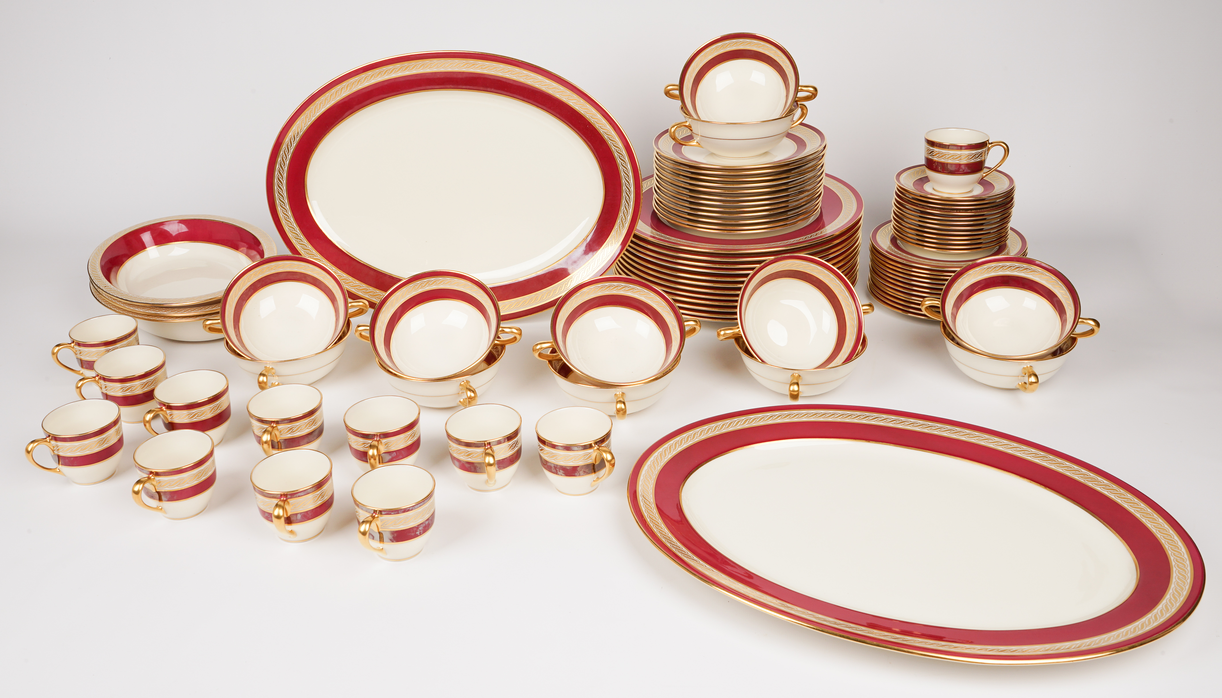 (77) Lenox Maroon and Gilt Braid Dinnerware