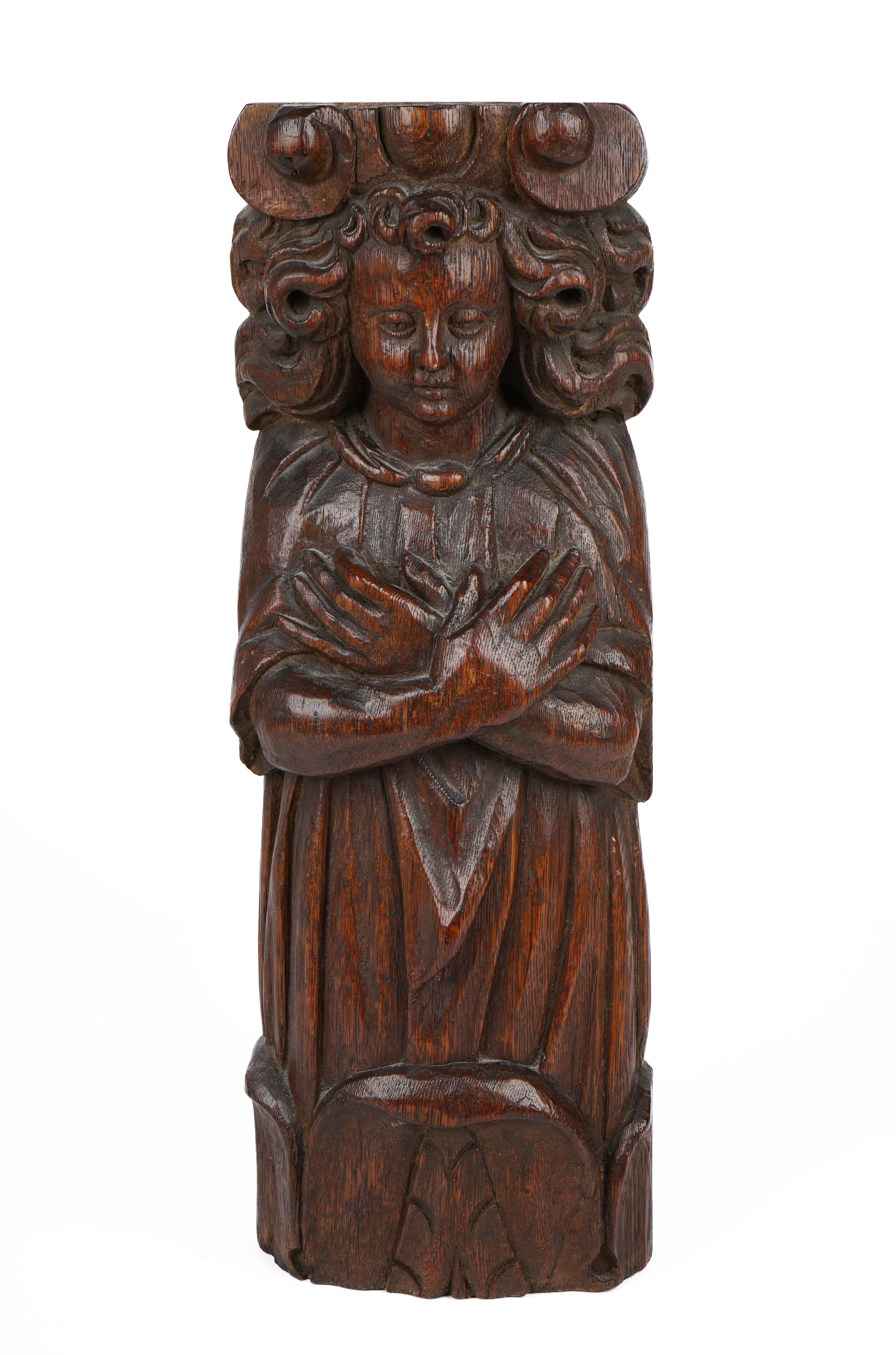 Early Continental carved wood angel,