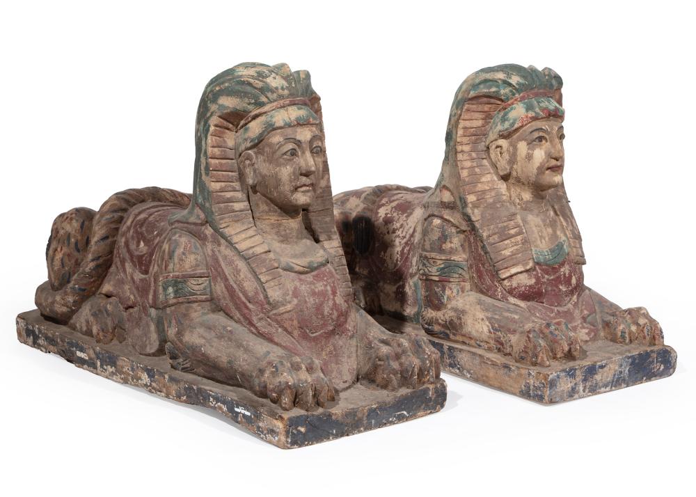 PAIR OF LARGE CARVED WOOD SPHINXESPair 30914c